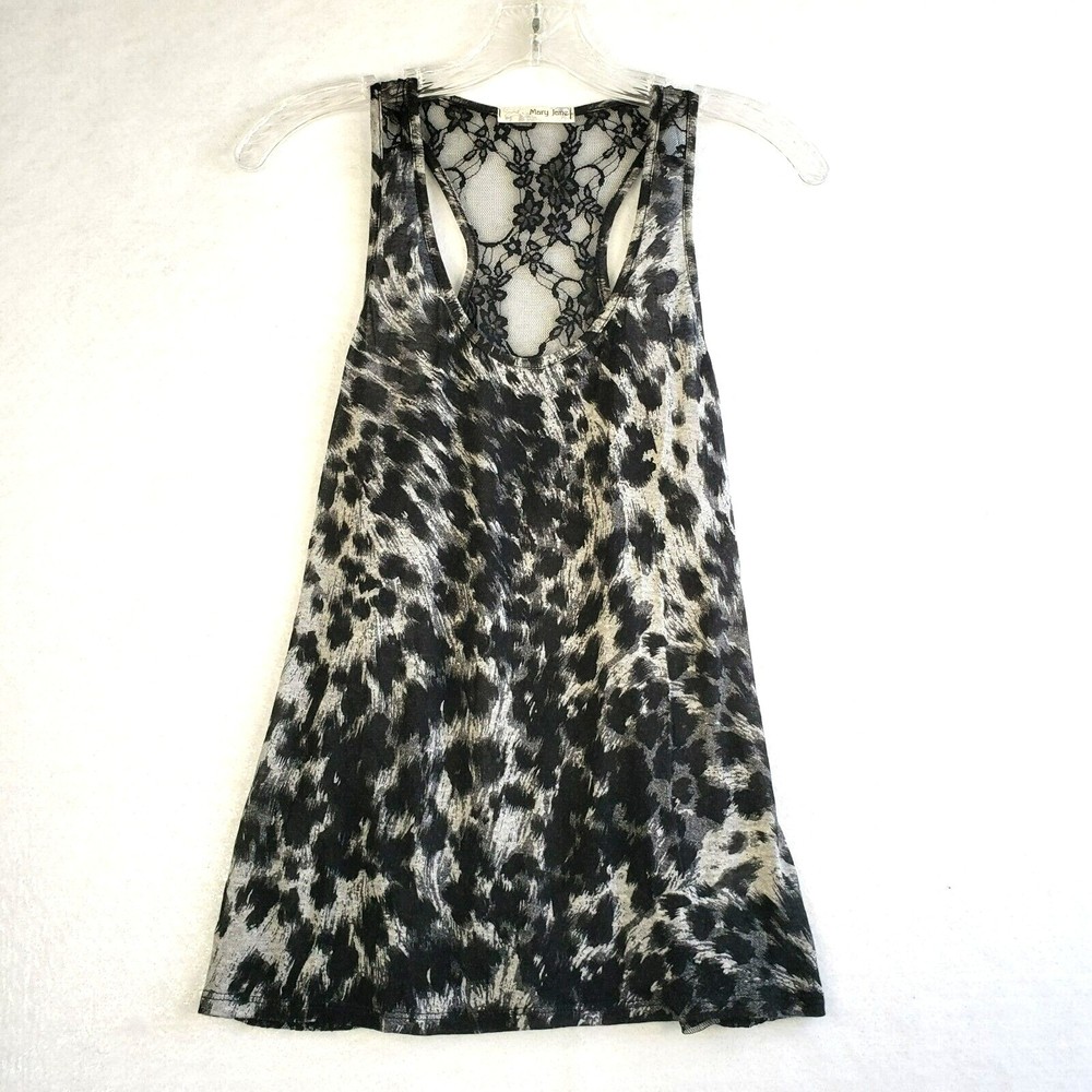 Mary Jane Tank Top Women Size Small Animal Print Lace Back Black Gray USA